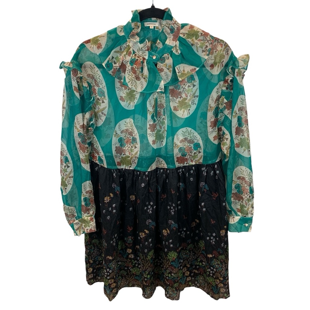 Manoush Sheer Ruffled Teal Green Black Floral Baby Doll Dress US 6 Silk Blend